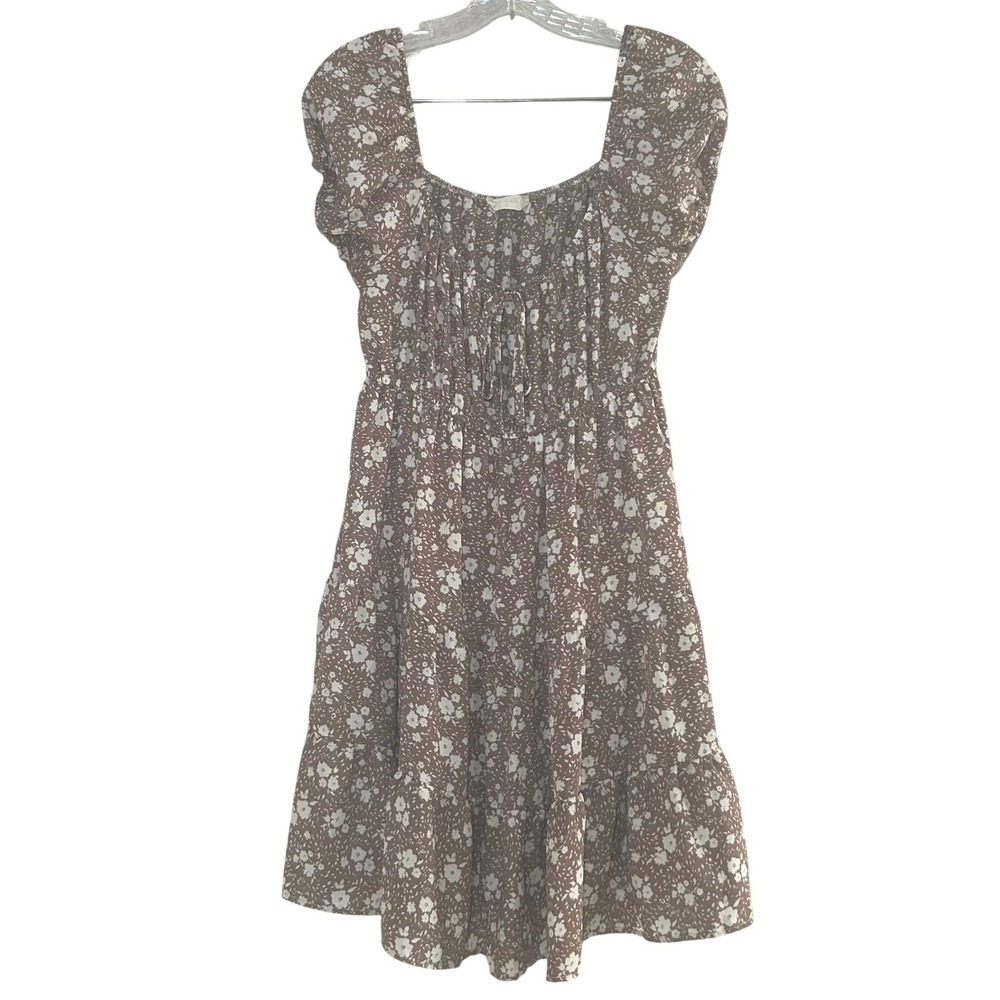 Altar'd State Brown Floral Tiered Mini Dress Puff Sleeve Smocked Womens L